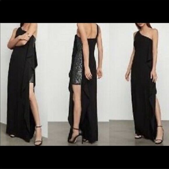 BCBGMAXAZRIA one-Shoulder ruffle glitter panel evening gown maxi dress black 0 - Picture 5 of 13